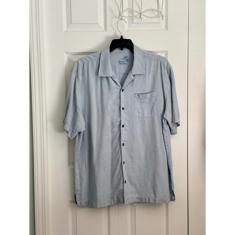 Tommy Bahama Mens XL Light Blue 100% Silk Jacquard Leaf Short Sleeve Camp Shirt